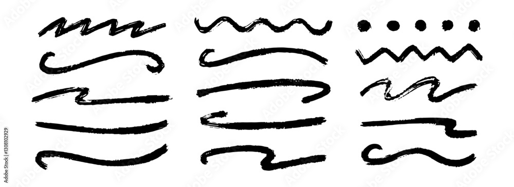 Straight, zigzag and wavy paint line set. Thick sketch brush stroke collection. Rough charcoal squiggle stripes for highlight, underline and emphasis. Vector hand drawn textured crayon chalk lines Straight, zigzag and wavy paint line set. Thick sketch brush stroke collection. Rough charcoal squiggle stripes for highlight, underline and emphasis. Vector hand drawn textured crayon chalk lines