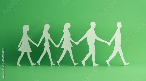 Hand in hand human shaped paper cut. green background