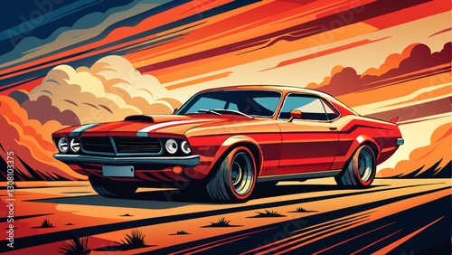 a classic red muscle car against a dramatic, colorful sunset backdrop.