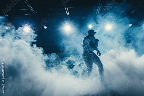 A Baseball Player Silhouetted Against Smoke and Dramatic Lighting on a Dark Stage, Perfect for Sports and Action Concepts
