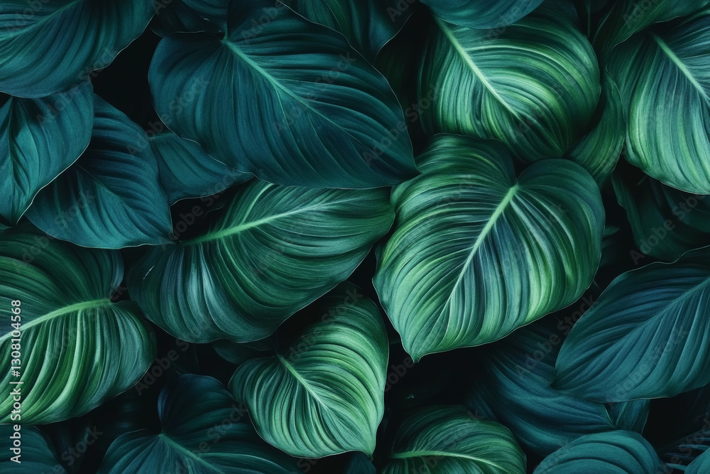 Lush green leaves create vibrant and calming background, showcasing various shades of green and intricate textures. Perfect for nature themed designs