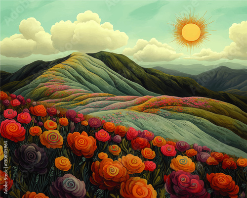 Vibrant Vector Landscape with Colorful Flowers and Mountains under a Sunny Sky - Stunning Nature Illustration for Decor, Design, and Inspiration