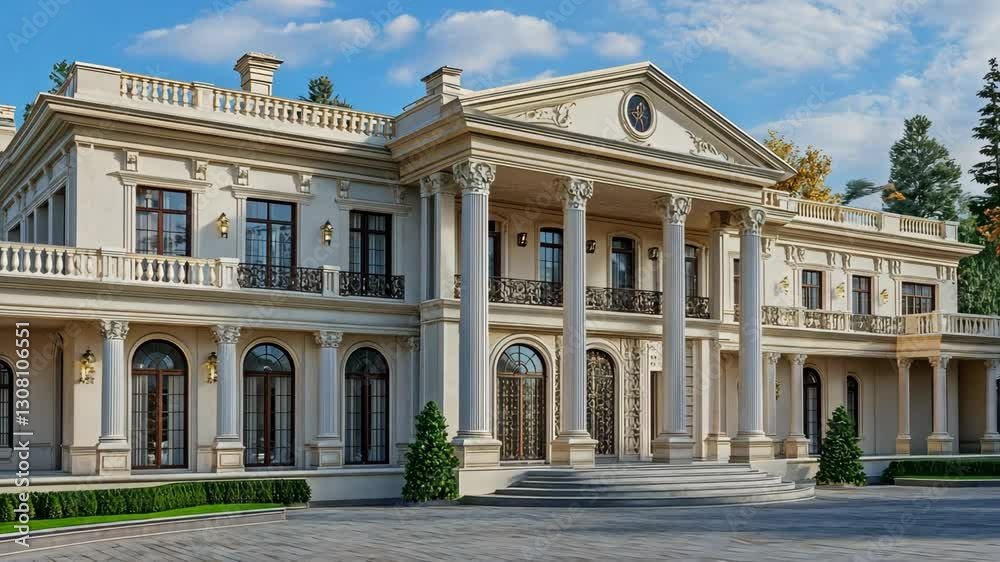 Grand architecture of a luxurious mansion in a serene landscape during a sunny day Grand architecture of a luxurious mansion in a serene landscape during a sunny day