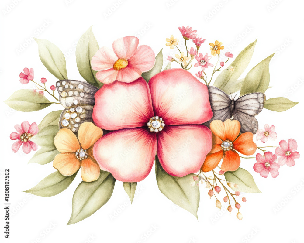 Fototapeta premium A vibrant floral arrangement featuring pink and orange blossoms with delicate leaves and butterflies, embodying beauty and nature.