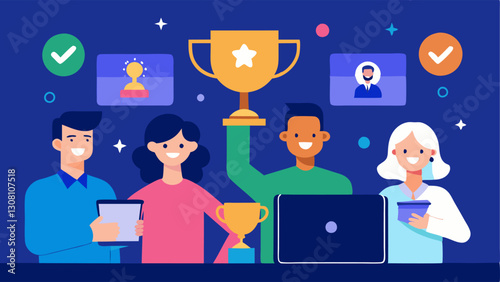 Recognition Ceremony A heartfelt moment of a virtual awards ceremony where team members are recognized for their contributions with digital trophies and celebratory graphics.