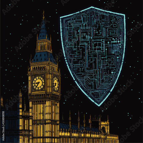 Cybersecurity Shield Over Big Ben London Nightscape - Futuristic Vector Art Illustrating Digital Protection Over Iconic Landmark with Starry Sky
