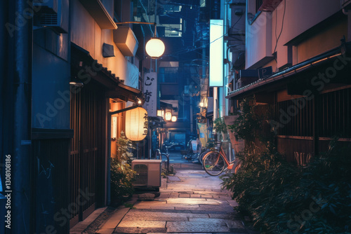 A narrow alleyway with a bike leaning against a wall