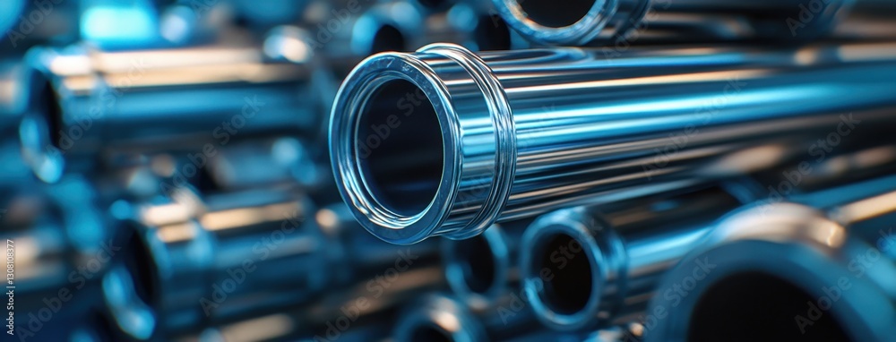 Naklejka premium Close-Up View of Metallic Pipes in Vivid Blue Color with Reflections and Shiny Surfaces, Ideal for Industrial and Technological Backgrounds
