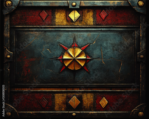 Intricate Medieval Shield Art Vector with Compass Design and Geometric Patterns Featuring Textured Metal and Rustic Vintage Look for Historical and Fantasy Themes