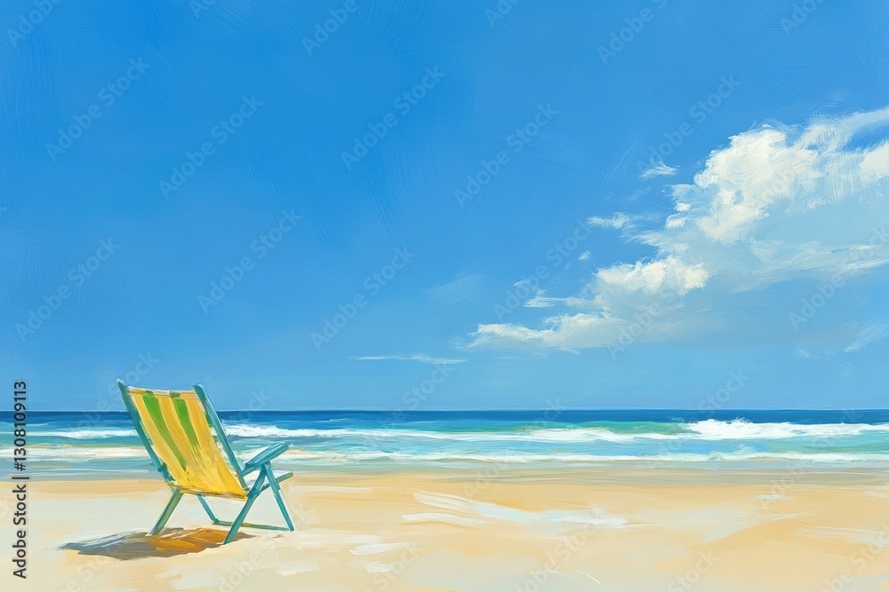 A vibrant beach scene featuring a colorful deck chair resting on golden sand. The brilliant blue sky and gentle waves create a tranquil atmosphere, perfect for relaxation and summertime enjoyment. A vibrant beach scene featuring a colorful deck chair resting on golden sand. The brilliant blue sky and gentle waves create a tranquil atmosphere, perfect for relaxation and summertime enjoyment.