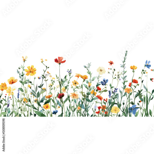 Wild flowers with green leaves border illustration watercolor colorful vector