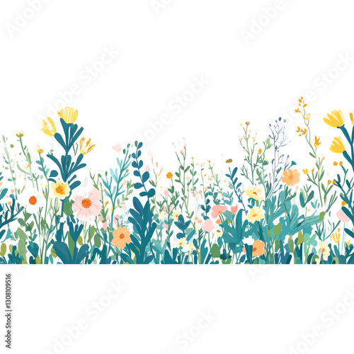 Wild flowers with green leaves border illustration colorful nature vector