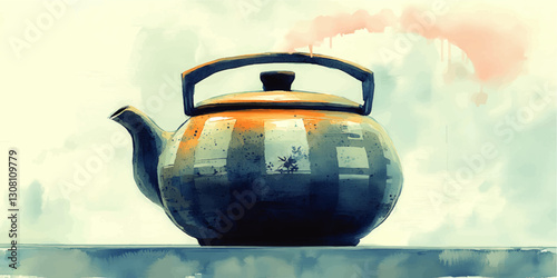 Elegant Watercolor Style Vector Illustration of a Vintage Teapot with Steam, Perfect for Kitchen Decor, Tea Enthusiasts, and Artistic Homeware Design Ideas