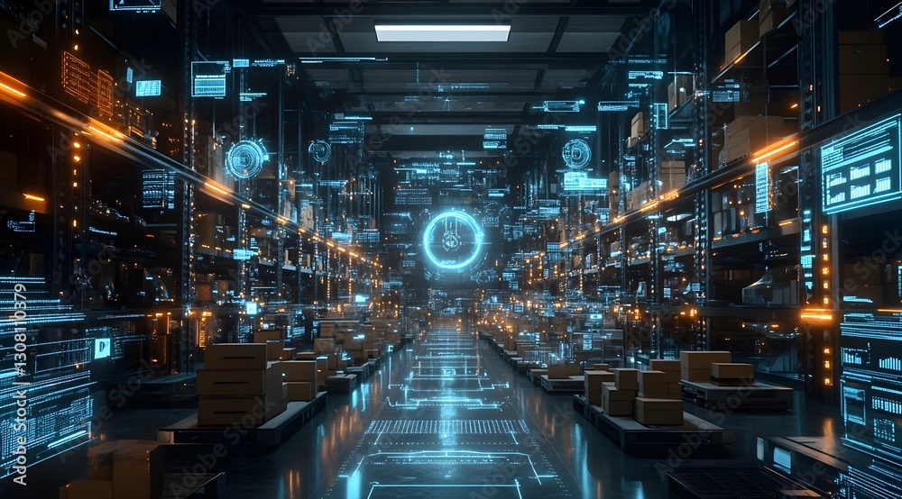 Fototapeta premium smart warehouse management system, featuring interconnected IoT devices that enable a seamless flow of information and facilitate predictive maintenance .