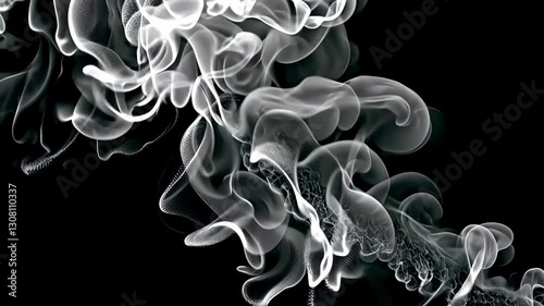 A mesmerizing swirl of white smoke elegantly rises against a deep black background, creating a dynamic and abstract visual effect. The flowing wisps form intricate, delicate patterns, evoking a sense