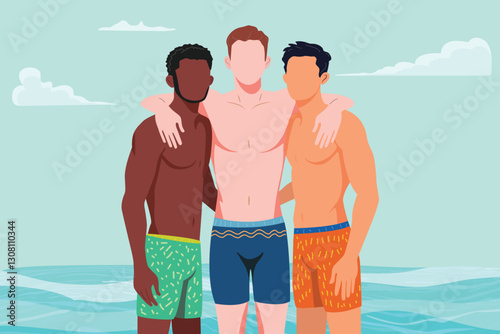 friends standing hugging on beach, arm around, diversity of man friendship, summer ocean breeze theme, pride june month , university student, memory time, cartoon vector