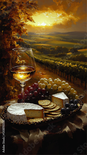 Idyllic Vineyard Sunset with Wine Glass, Cheese, and Grapes on Vineyard Table – Perfect for Wine Lovers, Cheese Enthusiasts, and Scenic Art Collectors