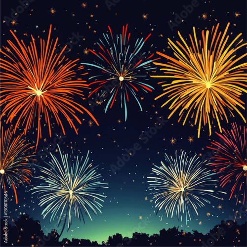 Spectacular Vector Fireworks Display with Colorful Bursts in Night Sky; Celebrating New Year, Events, Festivities, and National Holidays; Vibrant Explosive Art
