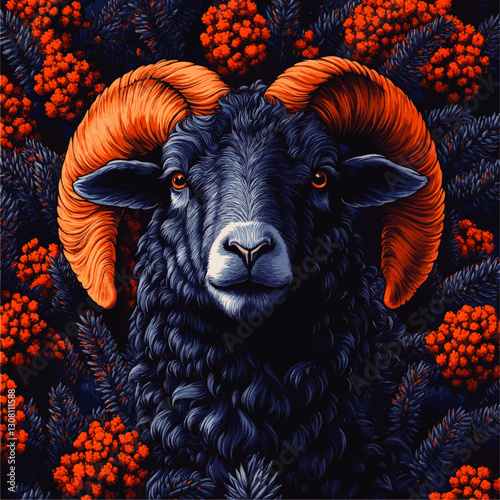 Vibrant Vector Illustration of a Majestic Ram with Curved Horns Encircled by Lush Foliage and Vibrant Orange Blossoms in a Nature-Inspired Artistic Scene