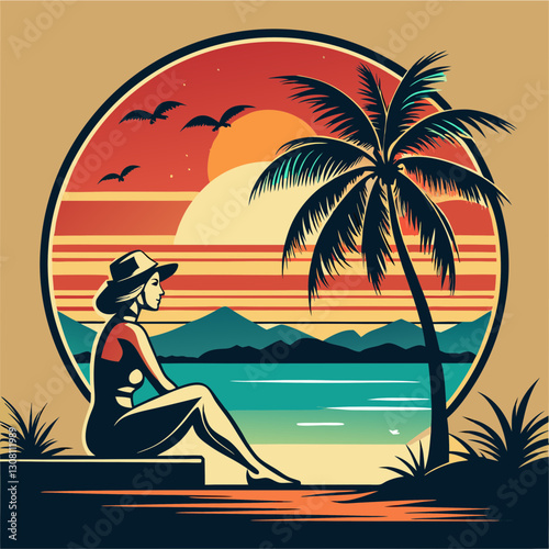 A retro vintage colour beach scene setting sun, A  home under a palm tree and a woman sitting on the beach on a wooden chair, rounded logotype, and t-shirt