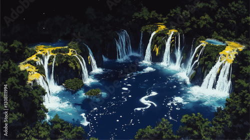 Stunning Vector Landscape of Cascading Waterfalls Surrounded by Lush Forest Under Starry Night Sky With Vibrant Greenery, Flowing Water, and Natural Beauty
