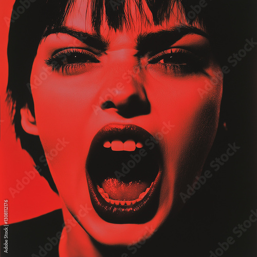 Woman's face close-up yelling with a red filter