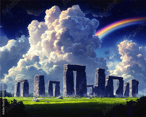 Stunning Vector Illustration of Stonehenge Under Rainbow and Cloudy Sky, Featuring Dramatic Landscape with Historic Stone Structure, Lush Greenery and Stars