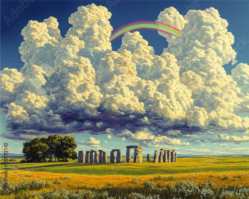 Stunning Vector Art of Stonehenge with Majestic Clouds and Vibrant Rainbow in Lush Green Meadows Under Bright Blue Sky for Nature and Travel Inspiration