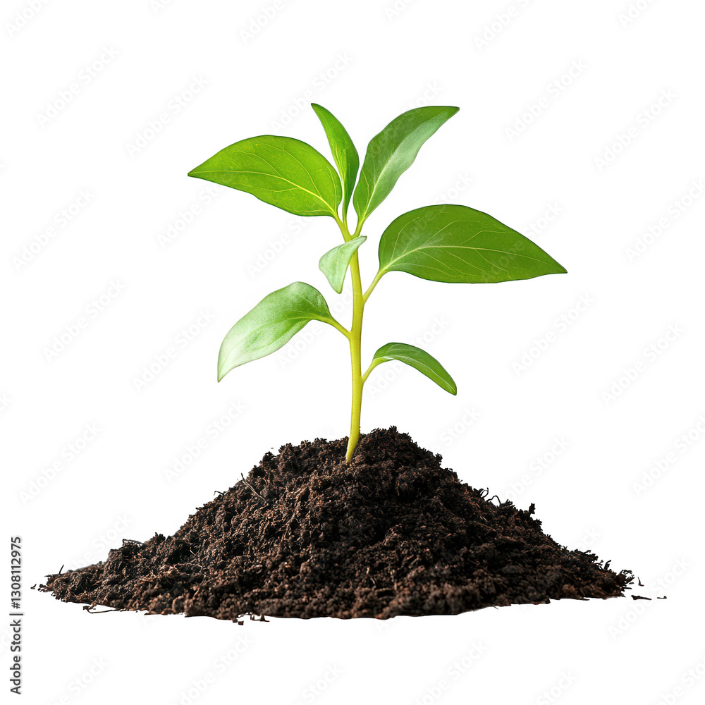 small green plant sprouting from a mound of dark soil against a plain white background. symbolizing growth and renewal small green plant sprouting from a mound of dark soil against a plain white background. symbolizing growth and renewal