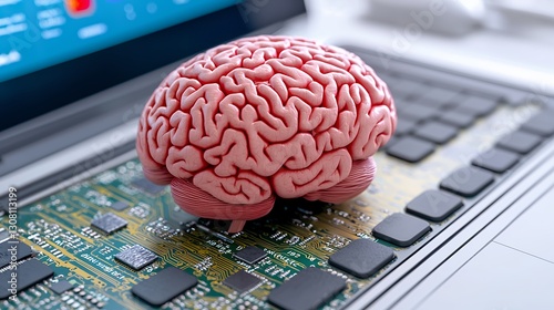 Pink Brain Model on Computer Circuit Board