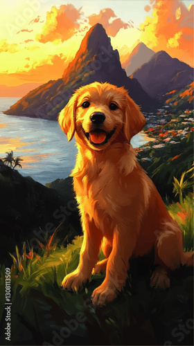 Vector Illustration of Golden Retriever Puppy at Sunset with Mountain and Ocean View in Vibrant Tropical Landscape – Perfect for Nature and Dog Lovers