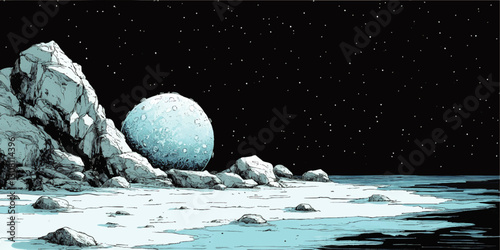 Mysterious Moon Landscape Vector Art with Rocky Terrain and Starry Night Sky, Cosmic Celestial Body Illustration, Surreal Outer Space Vista, Sci-Fi Fantasy