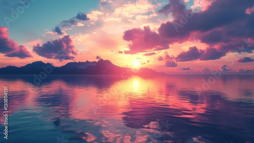 peaceful sunset over still waters with mountains and colorful clouds reflecting