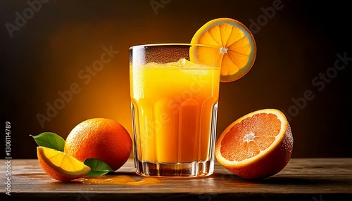 orange juice with slice closeup with lite background