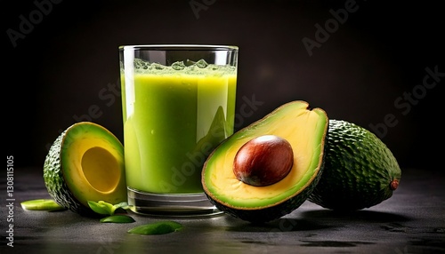 avocado juice with slice closeup with lite background