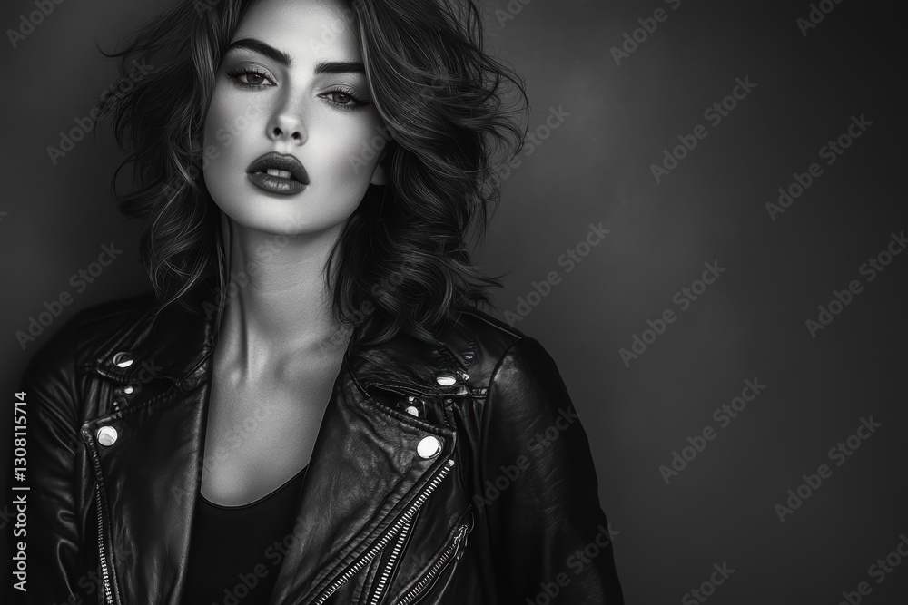 A bold black and white portrait of a confident young woman with tousled hair and striking makeup, wearing a stylish leather jacket that enhances her intense gaze and strong features. A bold black and white portrait of a confident young woman with tousled hair and striking makeup, wearing a stylish leather jacket that enhances her intense gaze and strong features.