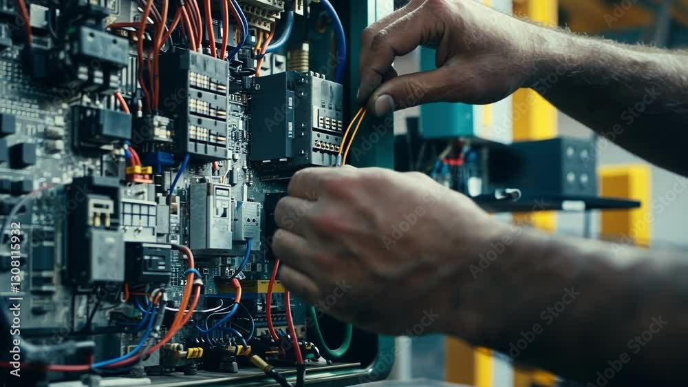 Technician skillfully adjusts intricate wiring inside an electrical panel, showcasing expertise in electronics and engineering. The scene highlights precision and technical knowledge