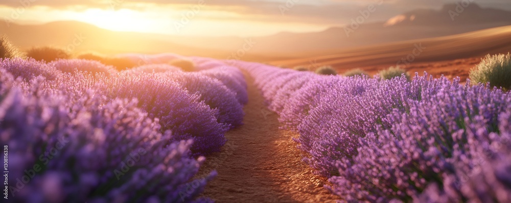 Obraz premium Rows of vibrant lavender bask in the golden light of sunset, creating a picturesque and serene landscape