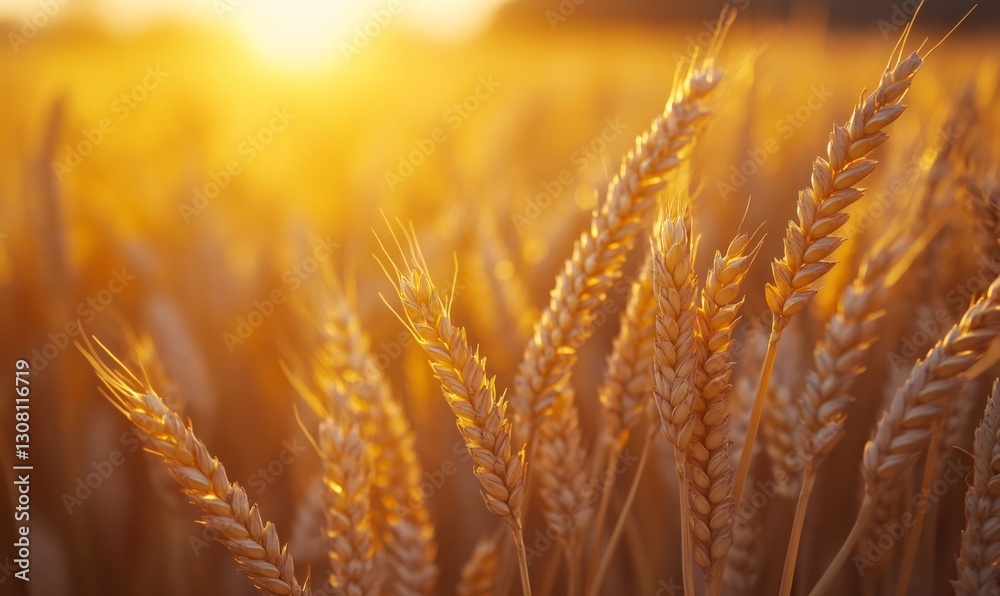 Obraz premium Ripe wheat ears are swaying in golden sunset light in a vast agricultural field, celebrating world environment day