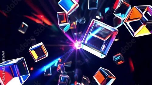 A futuristic digital artwork featuring floating transparent cubes reflecting vibrant neon lights. The dynamic composition and glowing effects create a sense of depth, technology, and modern aesthetics