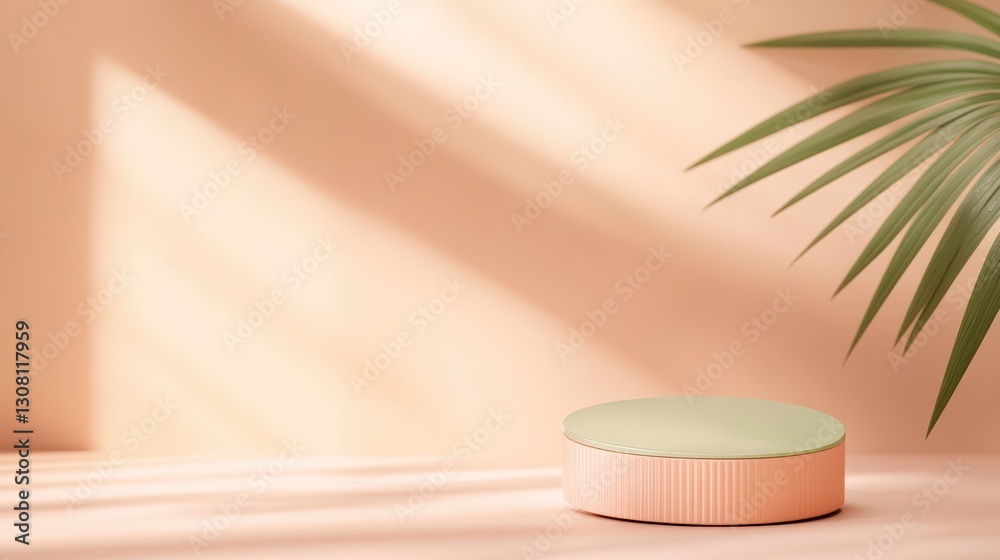 Pastel Pink And Green Cylindrical Podium With Palm Leaf Shadow Pastel Pink And Green Cylindrical Podium With Palm Leaf Shadow
