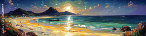 Vibrant Tropical Beach Sunset with Mountains: Captivating Vector Art of Sunlit Seaside, Tranquil Shoreline, Majestic Peaks, Azure Sky, and Serene Ocean Waves