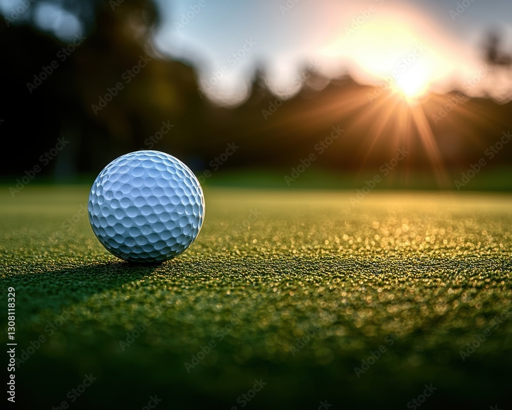 A close-up of a golf ball resting on a lush green putting surface, with the vibrant hues of a sunset casting a warm glow in the background, creating a serene and picturesque scene. A close-up of a golf ball resting on a lush green putting surface, with the vibrant hues of a sunset casting a warm glow in the background, creating a serene and picturesque scene.