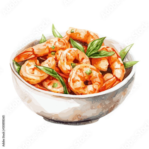 Illustration background white fried shrimp Asian-style vector
