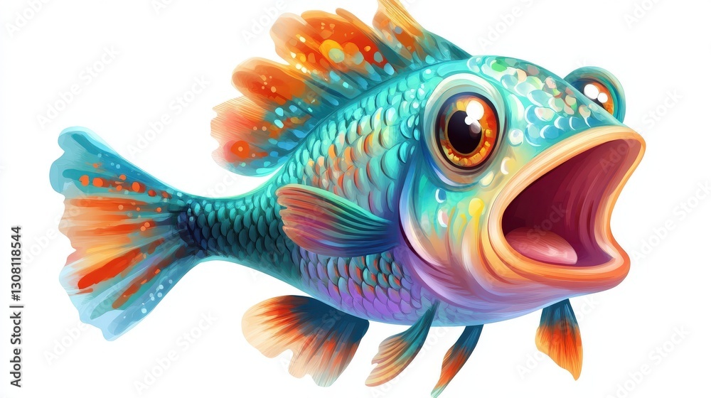 Fototapeta premium vibrant cartoon fish with detailed scales in dynamic pose and open mouth on white background illustration