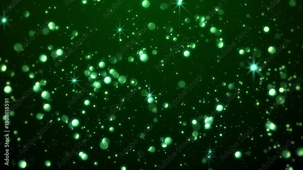 Green glittering lights background with green shine light and emerald particle glittering flowing looped, Also good background for scene and titles, logos