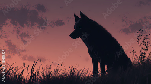 Observing the elusive beauty of a black wolf at dusk. Elusive - Spirit. Illustration