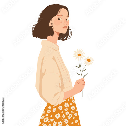 Woman portrait with one small daisy flower in one hand daisies flowers illustration vector