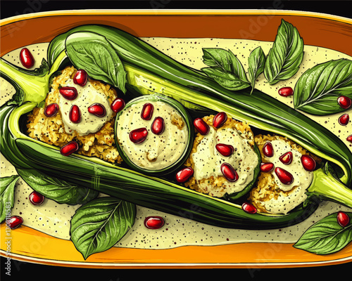 Savory Stuffed Zucchini with Hummus & Pomegranate Seeds on a Yellow Plate with Fresh Basil - Colorful Vector Illustration for Healthy Vegan Cuisine Lovers