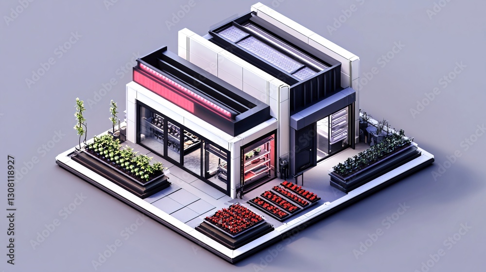 Naklejka premium Modern urban grocery store with rooftop garden